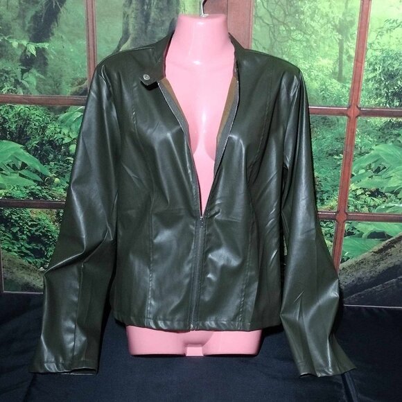 New Size XXL - Dark Green Vegan Leather Zipper Jacket - Picture 1 of 6